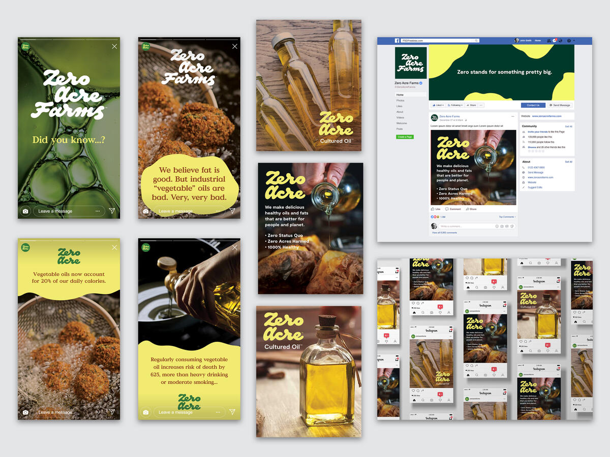 Zero Acre Farms Social Media Graphics including Instagram stories, posts, and Facebook page